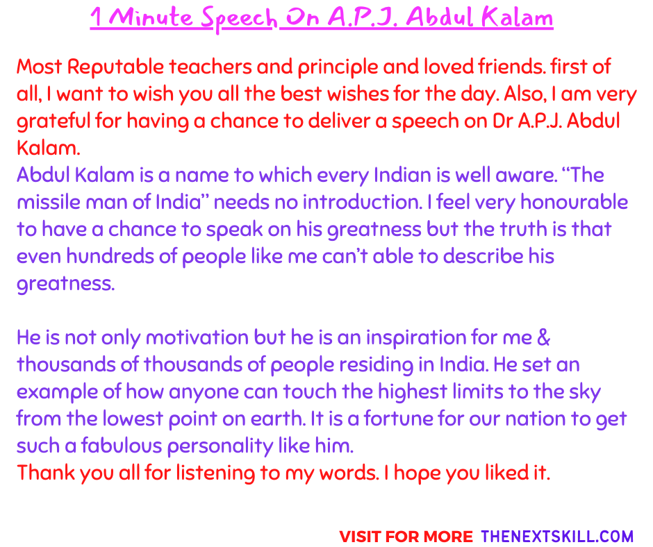 1 Minute Speech On A.P.J. Abdul Kalam